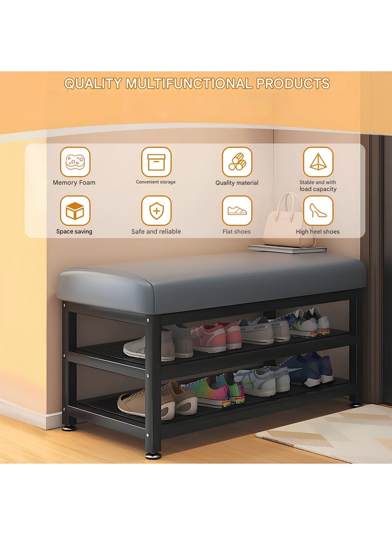 Taimi 2-Tier Shoe Organizer Rack 80cm with Faux Leather Padded Seat and Steel Frame, for Bedroom and Hallway - Gray/Black - Image 5